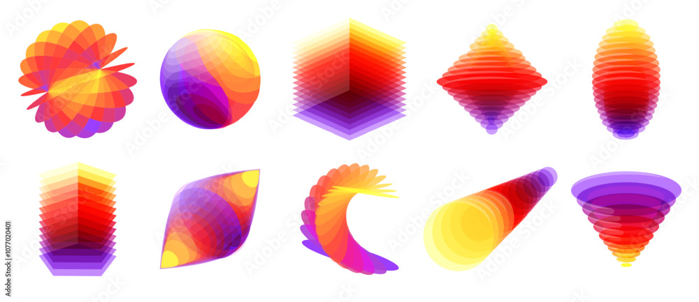 Poster overlapped 3d shapes. layered color glass dynamic shape with colorful gradient overlay effect. abstr