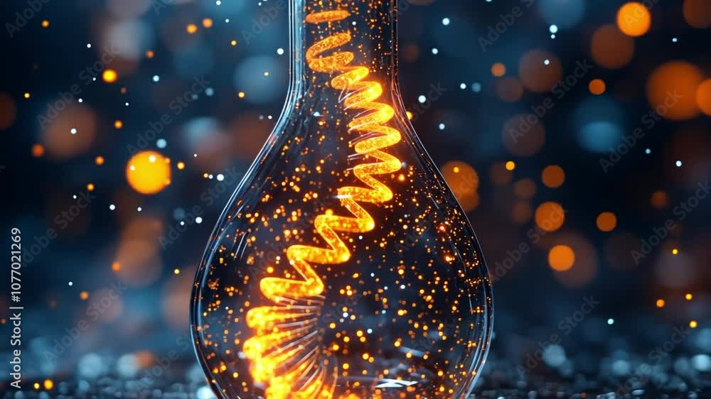 Poster glowing spiral in a glass flask surrounded by shimmering particles at a laboratory setting