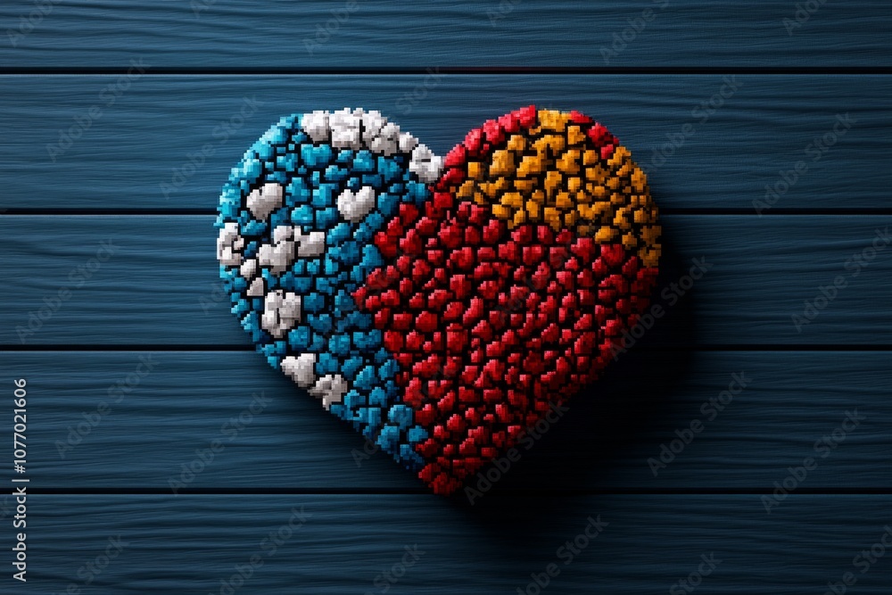 Poster pixel art of a heart symbol in retro 8-bit style, representing love in vibrant pixelated colors