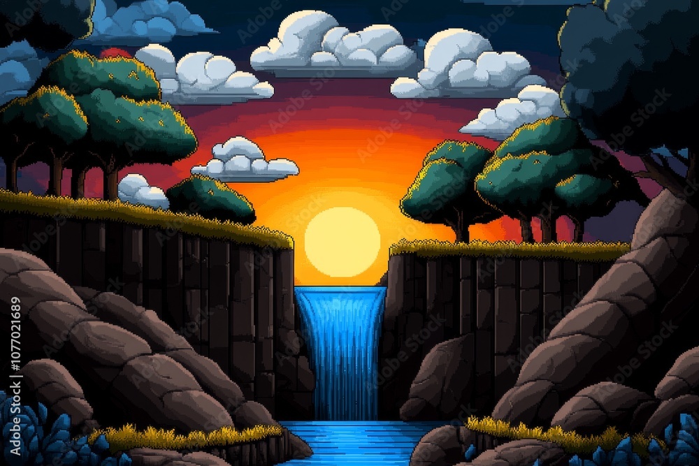 Aufkleber pixel art of a nature scene with a small river, trees, and a sunset in retro 8-bit style