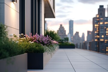 Obraz premium A modern rooftop terrace with lush greenery and a view of a city skyline at sunset.