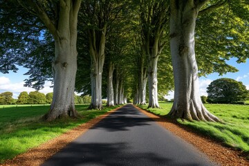 Fototapeta premium Quiet countryside road lined with tall trees, dappled sunlight filtering through the leaves