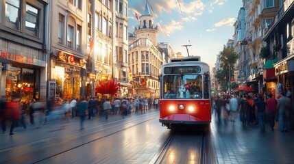 Historic tram traveling through bustling city street with lively pedestrians and vibrant storefronts during golden hour, showcasing urban life and transportation.