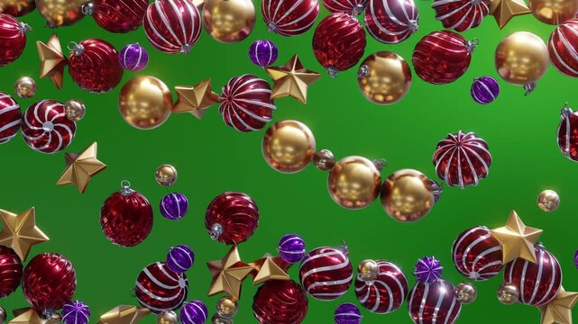Christmas ornaments falling to Full Screen and isolated layer. Transition or logo consept. New Year balls falling, overlaying a red, green, blue background. 3D animation render 4K