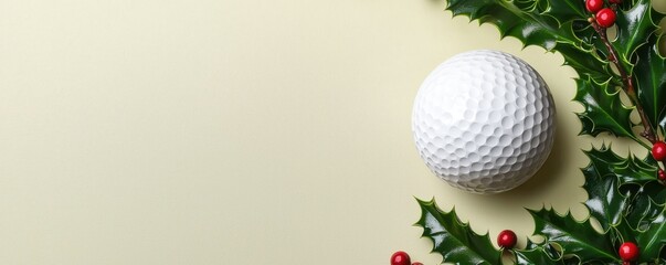A festive arrangement featuring a golf ball beside holly leaves and berries, blending sports with a holiday vibe.