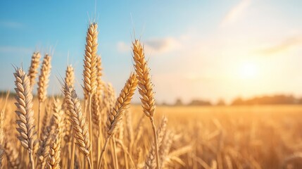 Obraz premium Golden Wheat Field Under a Bright Sky at Sunrise Showcasing Abundant Stalks Illuminated by Warm Light and Drenched in Nature's Bounty for Agricultural Themes