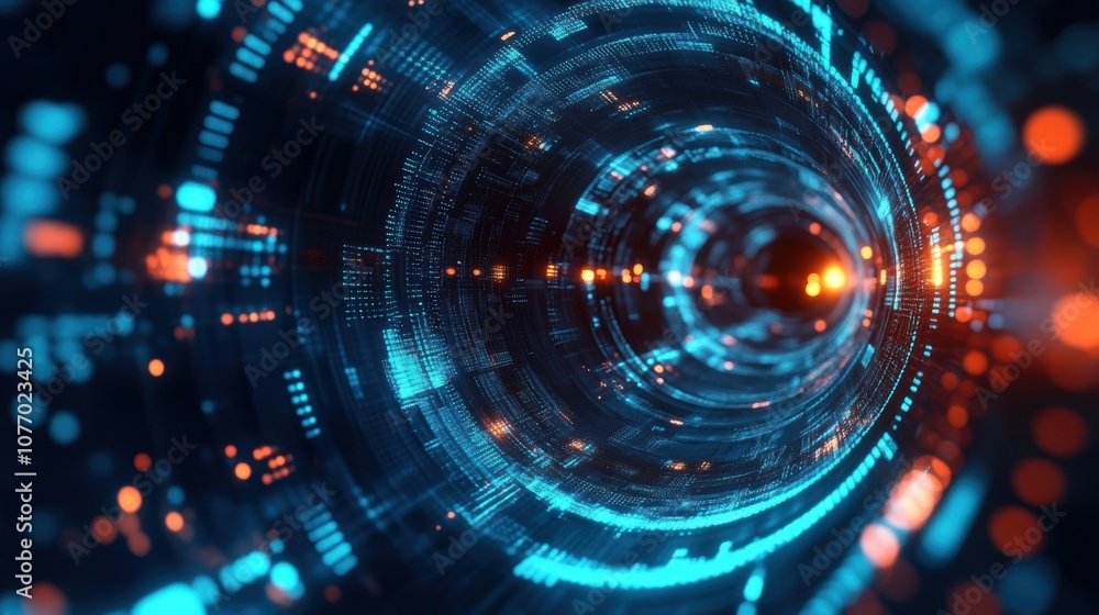 Poster concentric circles of data and light, mesmerizing digital abstraction, vibrant colors, dynamic patte