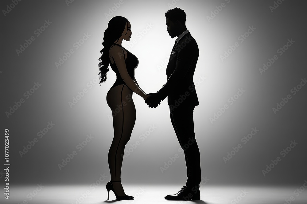 Poster simple silhouette of a couple holding hands, with clean lines and a single color on a white backgrou