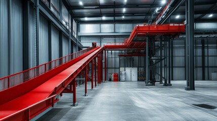 Modern conveyor belt system in a sleek warehouse, designed for efficiency, featuring an ergonomic height for optimal workflow and productivity in industrial settings