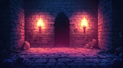 A mystical stone corridor illuminated by glowing torches leading to a dark doorway.