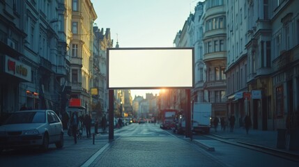 Obraz premium A quiet street scene featuring an empty billboard against a city backdrop at sunset.
