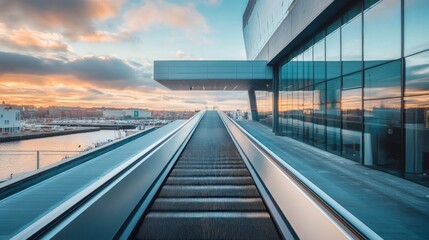 Fototapeta premium Modern warehouse conveyor belt system, newly installed with sleek design, ergonomic height for optimal efficiency, enhancing workflow in a streamlined environment