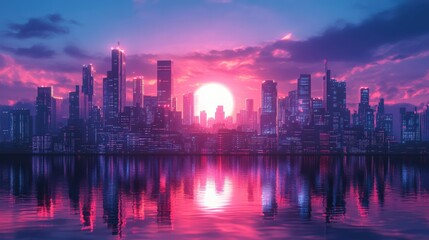 Obraz premium A stunning sunset reflecting on a city skyline, creating vibrant colors and serenity.