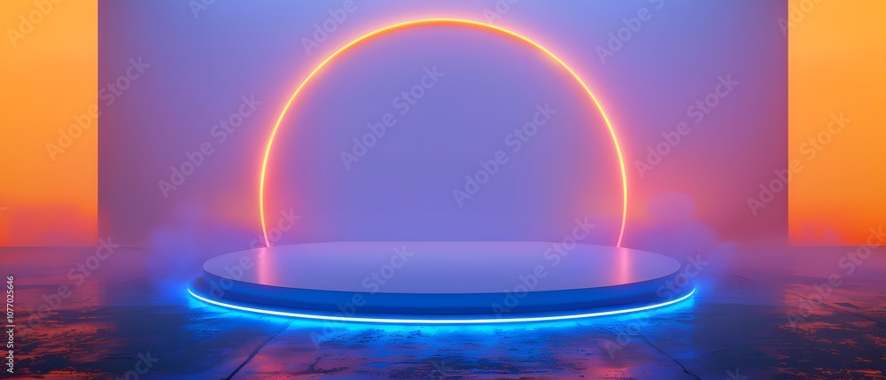 Poster futuristic stage with neon lights and misty effects for dynamic presentations, events, or creative p
