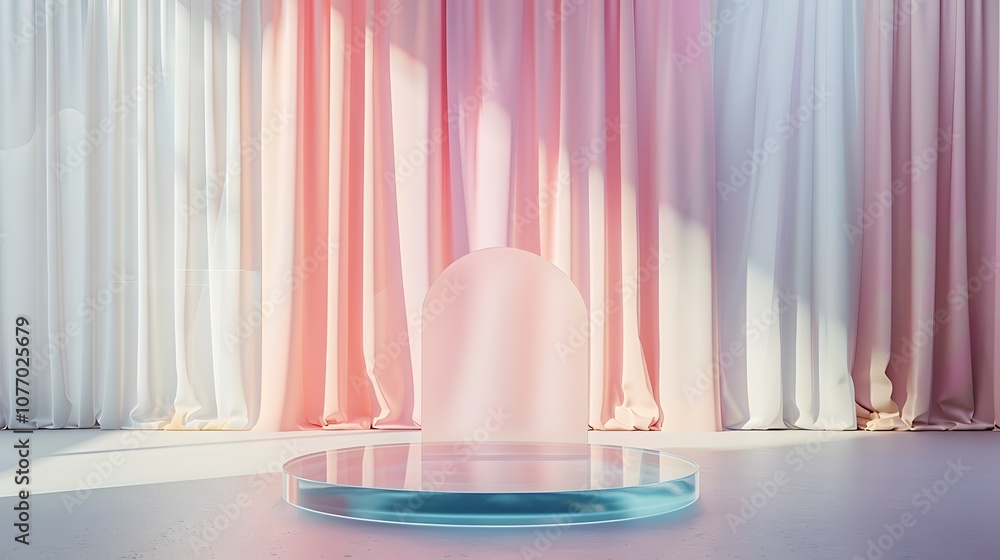 Poster elegant and modern studio background with soft drapes in shades of pink and white, featuring a round
