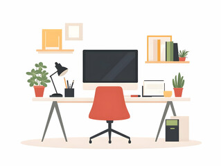 Fototapeta premium Flat Plain Background Glossy Coffee Mug Glasses Laptop Ample Copy Space Remote Work Comfort Personal Touches Simple Vector Illustration Smart Business Tone