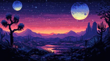 Fototapeta premium A surreal desert landscape under two moons with vibrant night skies and distant mountains.