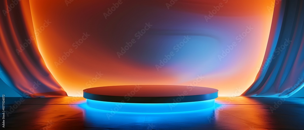 Aufkleber Futuristic Display Stage with Dramatic Lighting and Smooth Circular Platform in a Backdrop of Colorful Gradients and Soft Drapery for Events or Presentations
