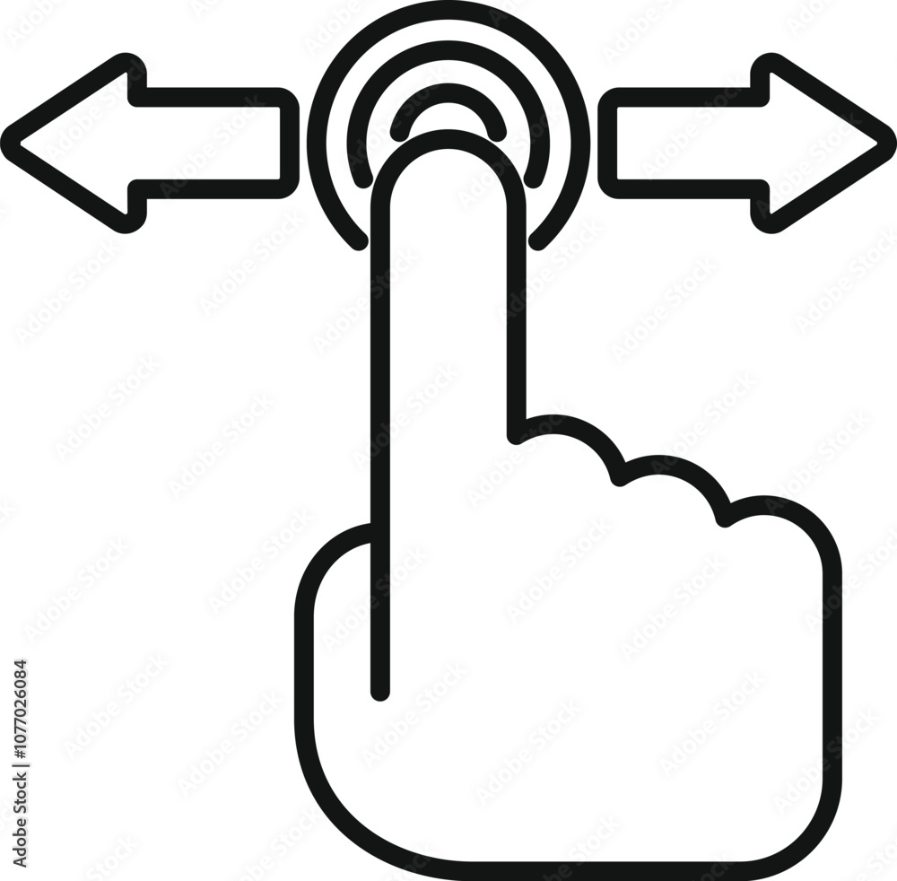Poster hand using touchscreen, scrolling or swiping left and right, simple black and white line art icon