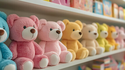 Soft plush teddy bears in various colors arranged on shelf, creating cheerful and inviting...