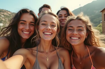 Fototapeta premium Group of friends enjoying a sunny day at the beach, capturing joyful moments together during summer vacation