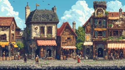 Fototapeta premium Charming medieval town with vibrant buildings and bustling market atmosphere.