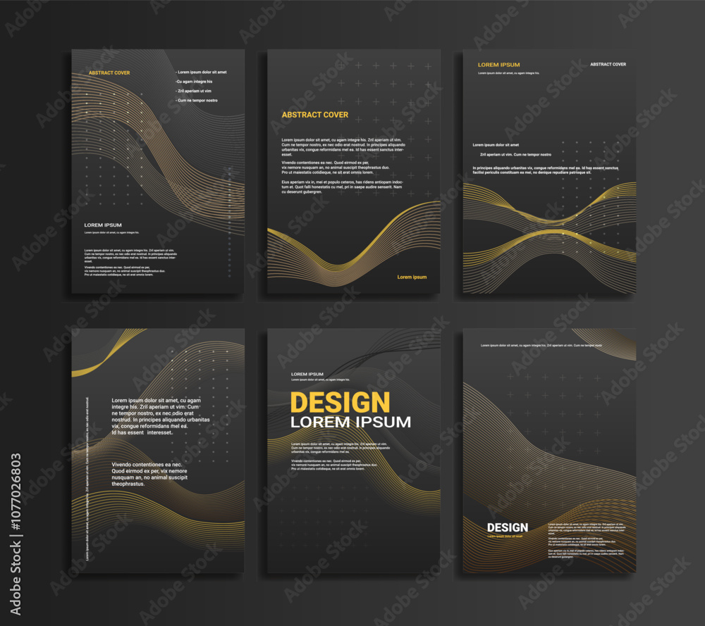 Poster magazine cover with abstract design for corporate and business branding. dark background with golden