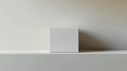 Minimalistic white cube on a shelf with soft shadows, ideal for branding and design.