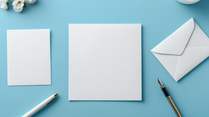 Minimalistic stationery layout with white paper, envelope, and pen on a blue background.