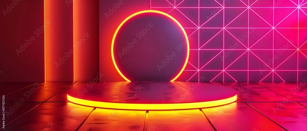 Poster futuristic neon studio space with circular elements and geometric lighting for photography or video 