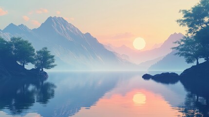 Serene sunrise over mountains reflecting in calm lake, surrounded by lush trees.