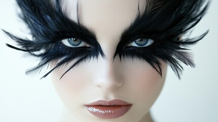 A striking avant-garde look with dramatic feathered eye makeup showcases artistry and creativity in beauty