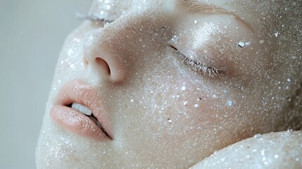 Fototapeta premium A serene face adorned with shimmering glitter, capturing the beauty of artful self-expression in soft lighting