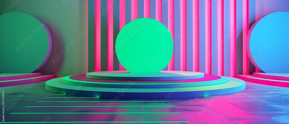 Poster vibrant abstract stage design with neon colors and geometric shapes for creative presentations and m