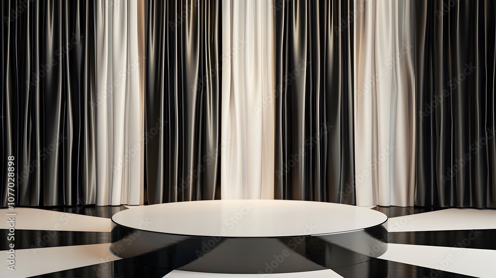 Poster sleek studio stage with glossy circular platform surrounded by elegant drapes in modern black and wh