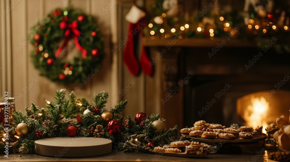 Poster a table is set with a decorative garland made of pine branches, berries, and ornaments. cookies are 
