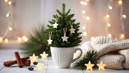 Cozy Christmas decoration with mini Christmas tree and lights on snowy background