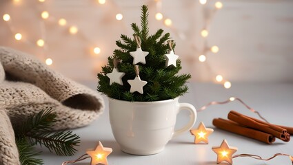 Cozy Christmas decoration with mini Christmas tree and lights on snowy background