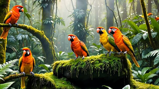 A group of colorful parrots perched on a moss-covered branch in a lush rainforest.