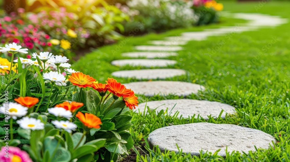Poster a path with a row of flowers and a stone walkway