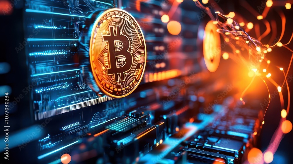 Poster bitcoin cryptocurrency coin on a circuit board with glowing lines.