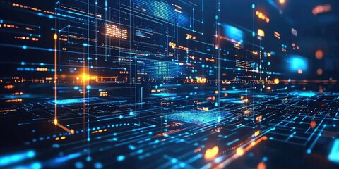 Obraz premium A futuristic technology scene with digital interfaces, holographic displays, and glowing data streams floating in a dark space.