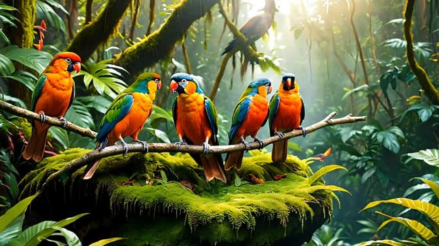 Vibrant tropical parrots perched on a mossy branch in a lush rainforest.