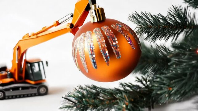 Orange excavator hangs an orange christmas ball on a fir tree branch against a white background, showcasing a unique blend of holiday spirit and construction themes