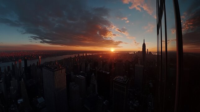 Fototapeta A panoramic view of New York City at sunset, as seen from a skyscraper window, with the sun setting over the horizon and casting a warm glow on the cityscape.