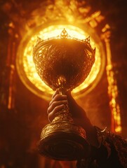 Golden trophy held high, illuminated by radiant light in the background.