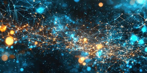 A futuristic visualization of data packets traveling along a digital network, with lines and particles glowing in the background.