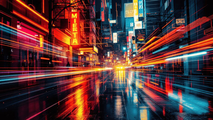 Fototapeta premium Dynamic Urban Scene with Colorful Light Trails and Reflections