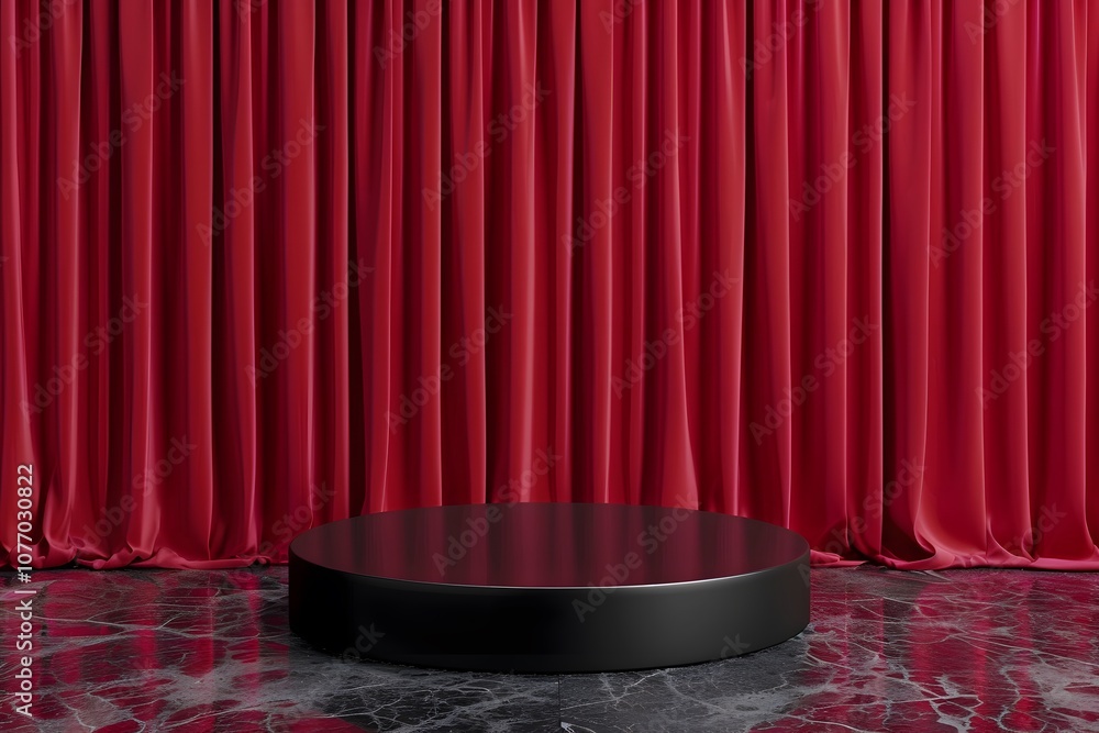 Poster elegant red velvet curtain with circular stage in a luxurious setting ideal for theatrical presentat