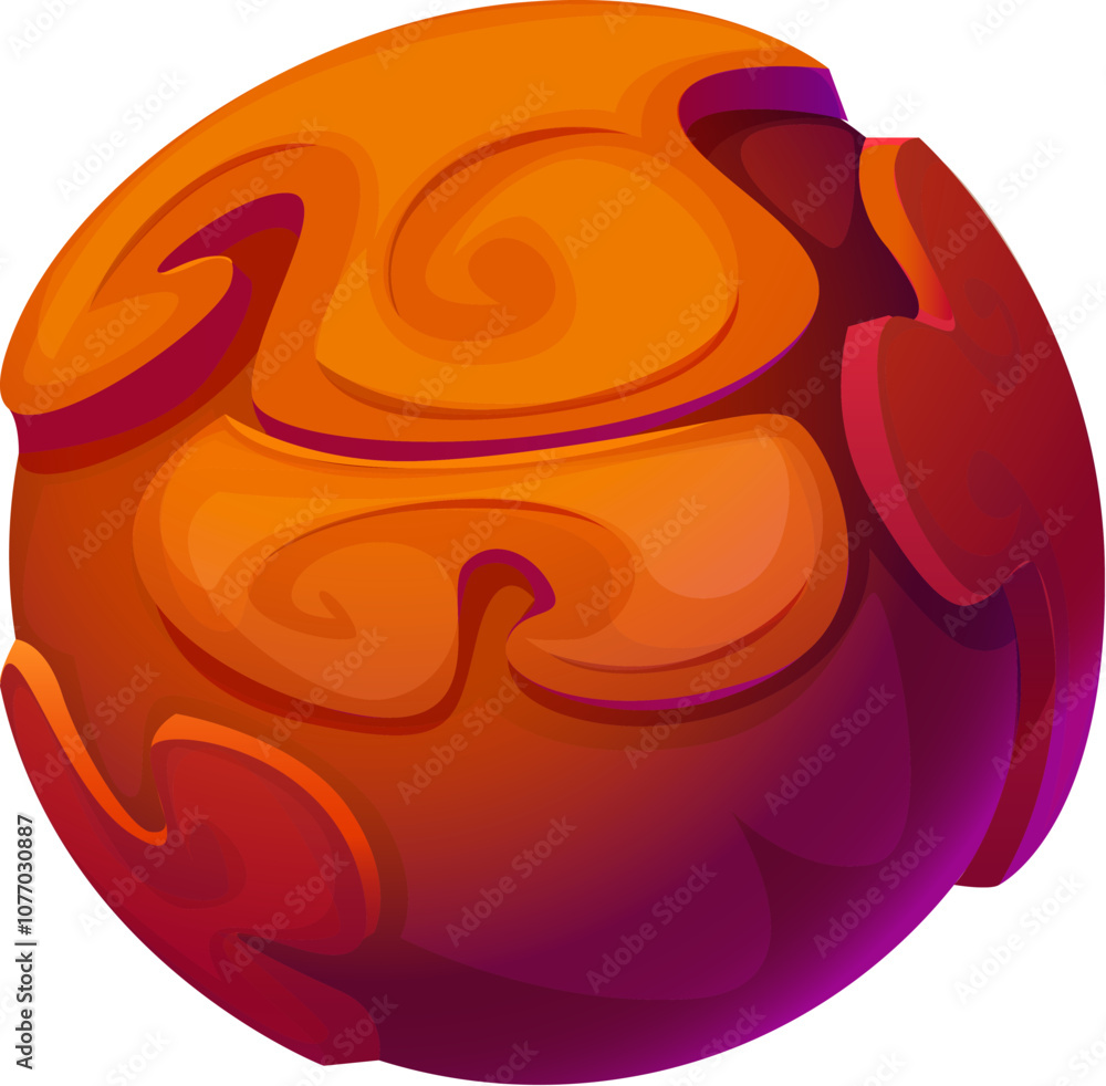 Poster Cartoon galaxy fantasy alien brown ground space planet. Vector mysterious celestial body with swirling pattern on its surface. Meteorite or planet game asset float in a dark outer cosmos and Universe